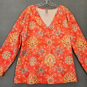 NoraCora Orange Floral Shirt Classic Long Sleeves V-Neck Women Plus Size XXL Top